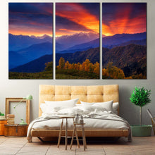 Load image into Gallery viewer, Mestia Landscape Canvas Wall Art Europe Caucasus Ridge Mt Ushba Canvas Print Dramatic Orange Sunbeams Sky Canvas Set Georgia Blue Mountain In Bedroom
