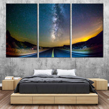 Load image into Gallery viewer, Milky Way Canvas Wall Art Yellow Sunset Stars Sky Scenery  3 Piece Canvas Print Blue Road Scenery Triptych Multiple Canvas For Bedroom
