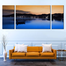Load image into Gallery viewer, Milos Island Canvas Wall Art Greece Blue City Beach  3 Piece Canvas Print Orange Sky Ocean Mountains Boat Multi Canvas For Living Room
