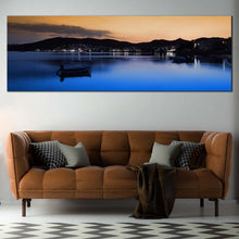 Load image into Gallery viewer, Milos  Island  Canvas  Wall  Art  Greece  Blue  City  Beach  Living  Room  Panoramic  Canvas  Print  Orange  Sky  Ocean  Mountains  Boat  Wide  Canvas In Living Room
