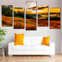 Load image into Gallery viewer, Misty Landscape Canvas Print Green Trees Sun Rays  Multiple Canvas Yellow Scenery Horizon Mountain Hill 5 Piece Canvas Wall Art For Your Living Room
