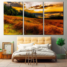 Load image into Gallery viewer, Misty Landscape Canvas Print Green Trees Sun Rays Multiple Canvas Yellow Scenery Horizon Mountain Hill  3 Piece Canvas Wall Art For Bedroom
