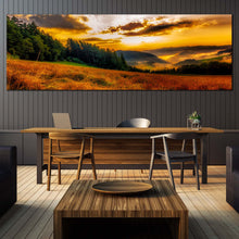 Load image into Gallery viewer, Misty  Landscape  Canvas  Print  Green  Trees  Sun  Rays  Multiple  Canvas  Yellow  Scenery  Horizon  Mountain  Hill  Dining  Room  1  Piece  Canvas  Wall  Art In Dinning Room
