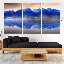 Load image into Gallery viewer, Modern Blue Norwegian Ocean sunrise Triptych Wall Decor In Living Room
