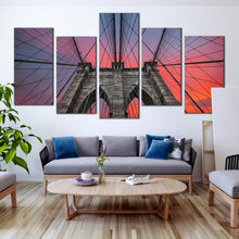 Load image into Gallery viewer, Modern Brooklyn NYC Bridge Dramatic Sunset 5 panel canvas print In Your Living Room
