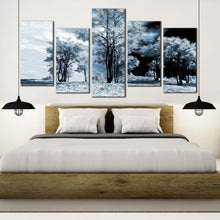 Load image into Gallery viewer, Modern Multi Panel Winter Grey Sky White Forest Trees 5 Piece artwork For Bedroom
