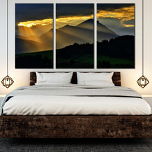 Load image into Gallery viewer, Modern pictures Of Amazing Mountains Landscape Sunrays Clouds Magical Scenery Sunset panel Triptych Landscape decor For Bedroom
