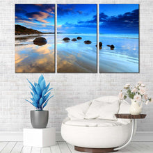 Load image into Gallery viewer, Moeraki Boulders in new zealand ocean triptych wall art for  decoration tropical photography In Living Room
