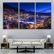 Load image into Gallery viewer, Monaco Harbor Canvas Print City Beach Mountains at Night  3 Piece Canvas Wall Art In Living Room
