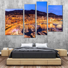 Load image into Gallery viewer, Monaco Harbour Canvas Wall Art French Riviera Yellow Cityscape  4 Piece Canvas Monte Carlo Beach Canvas Print Blue Sky Mountains Canvas Artwork 
