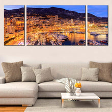 Load image into Gallery viewer, Monaco  Harbour  Canvas  Wall  Art  French  Riviera  Yellow  Cityscape 3  Piece  Canvas  Monte  Carlo  Beach  Canvas  Print For Living Room
