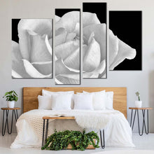 Load image into Gallery viewer, Monochrome Flower Canvas Wall Art White Rose Blossom Canvas Print Black Background Flowering Blooming 4 Piece Canvas
