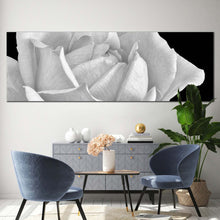 Load image into Gallery viewer, Monochrome Flower Canvas Wall Art White Rose Blossom Canvas Print Black Background Flowering Blooming Panoramic Canvas In Living Room
