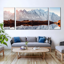 Load image into Gallery viewer, Monte Bianco Canvas Wall Art France White Mountain Sunset 3 Piece Canvas Set Brown Landscape Chesery Lake Canvas Print In Living Room
