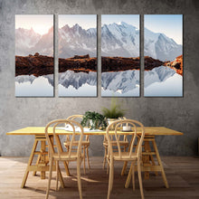 Load image into Gallery viewer, Monte Bianco Canvas Wall Art France White Mountain Sunset 4 Piece Canvas Set Brown Landscape Chesery Lake Canvas Print For Your Dining Room
