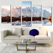 Load image into Gallery viewer, Monte Bianco Canvas WallArt France White Mountain Sunset 5 Piece Canvas Set Brown Landscape Chesery Lake Canvas Print In Living Room
