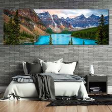Load image into Gallery viewer, Moraine Lake Canvas Wall Art Green Trees Banff National Park Panoramic Canvas Artwork Grey Brown Mountains Scenery Canvas Artwork For Bedroom
