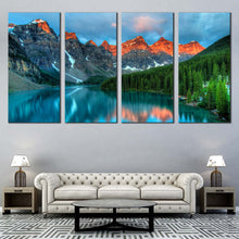 Load image into Gallery viewer, Moraine Lake Canvas Wall Art Banff National Park Canvas Print Canada Orange Rocky Mountains  4 Piece Canvas Beautiful Landscape Forest Green Trees For Living room
