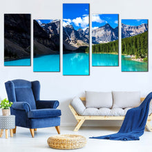 Load image into Gallery viewer, Moraine Lake Canvas Wall Art Green Banff National Park Canvas Artwork Alberta Blue Ocean Mountain  5 piece Canvas Print In Living Room
