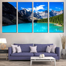 Load image into Gallery viewer, Moraine Lake Canvas Wall Art Green Banff National Park Canvas Artwork  Alberta Blue Ocean Mountain 4 piece Canvas Print In Living Room
