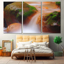 Load image into Gallery viewer, Mossy Rocks Canvas Wall Art Orange Green Rocky Waterfall Canvas Set Flowing Waterfall in The River  3 Piece Canvas Print In Bedroom
