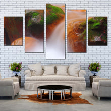 Load image into Gallery viewer, Mossy  Rocks  Canvas  Wall  Art  Orange  Green  Rocky  Waterfall  Canvas  Set  Flowing  Waterfall  in  The  River    5  Piece  Canvas  Print For Living Room
