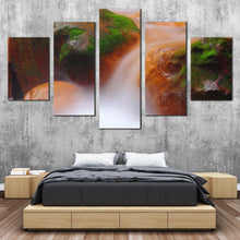 Load image into Gallery viewer, Mossy  Waterfall  Canvas  Wall  Art  Orange  Green  Rocks  Waterfall    5  Piece  Canvas  Print  Flowing  Water  in  The  River  Multi  Panel  Canvas For Bedroom
