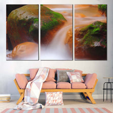 Load image into Gallery viewer, Mossy Waterfall Canvas Wall Art Orange Green Rocks Waterfall  3 Piece Canvas Print Flowing Water in The River Multi Panel Canvas In Living room
