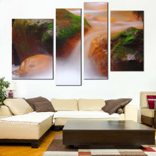 Load image into Gallery viewer, Mossy Waterfall Canvas Wall Art Orange Green Rocks Waterfall Living Room 4 Piece Canvas Print Flowing Water in The River Multi Panel Canvas
