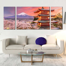 Load image into Gallery viewer, Mount Fuji Canvas Wall Art Fujiyoshida Mountain 3 Piece Canvas Set Japan Chureito Pagoda Blossom Trees Canvas Print For Living Room
