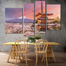 Load image into Gallery viewer, Mount Fuji Canvas Wall Art Fujiyoshida Mountain 4 Piece Canvas Set Japan Chureito Pagoda Blossom Trees Canvas Print
