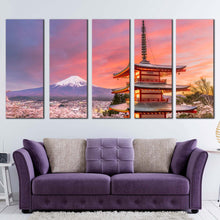 Load image into Gallery viewer, Mount Fuji Canvas Wall Art Fujiyoshida Mountain 5 Piece Canvas Set Japan Chureito Pagoda Blossom Trees Canvas Print In Living Room
