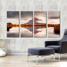 Load image into Gallery viewer, Mount Taranaki Canvas Wall Art Brown Mountain Lake Reflection Canvas Set New Zealand White Landscape Scenery 4 Piece Canvas Print For Living Room
