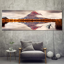 Load image into Gallery viewer, Mount Taranaki Canvas Wall Art  Brown Mountain Lake Reflection Wide Canvas  New Zealand White Landscape Scenery 1 Piece Canvas Print In Living Room
