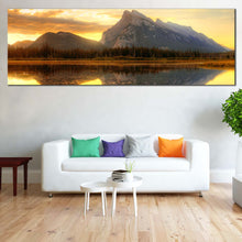 Load image into Gallery viewer, Mount  Rundle  Canvas  Wall  Art  Canada  Yellow  Cloudy  Sunset  Sky  Canvas  Artwork  Grey  Ocean  Mountains  Reflection  Wide  Canvas  Vermillion  Lake  Banff  National  Park 1  Piece  Canv In Living Room
