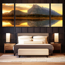 Load image into Gallery viewer, Mount Rundle Canvas Wall Art Canada Yellow Cloudy Sunset Sky Multi Canvas Artwork Grey Ocean Mountains Reflection Canvas Set Vermillion Lake Banff National Park  3 Piece For Bedroom
