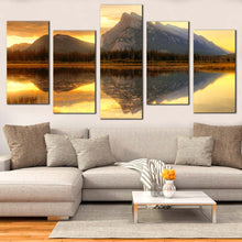 Load image into Gallery viewer, Mount Rundle Canvas Wall Art Canada Yellow Cloudy Sunset Sky Multi Canvas Grey Ocean Mountains Reflection Canvas Set Vermillion Lake Banff National Park  5 Piece Canvas In Living Room
