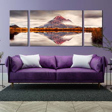 Load image into Gallery viewer, Mountain Lake Canvas Print New Zealand Brown Mountain Scenery 3 Piece Canvas Wall Art White Sky Mount Taranaki Canvas Set In Living Room
