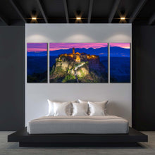 Load image into Gallery viewer, Mountain Landscape Canvas Print Blue Purple Sky Mountain Sunrise 3 Piece Canvas Wall Art Italy Civita di Bagnoregio Multiple Canvas For Bedroom
