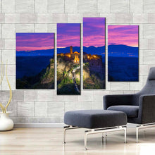 Load image into Gallery viewer, Mountain Landscape Canvas Print Blue Purple Sky Mountain Sunrise 4 Piece Canvas Wall Art Italy Civita di Bagnoregio Multiple Canvas
