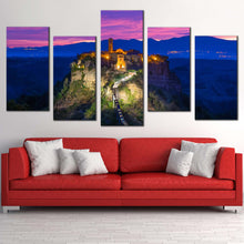 Load image into Gallery viewer, Mountain Landscape Canvas Print Blue Purple Sky Mountain Sunrise 5 Piece Canvas WallArt Italy Civitadi Bagnoregio Multiple Canvas In Living Room
