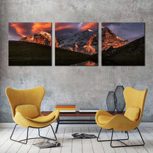 Load image into Gallery viewer, Mountain Landscape Canvas Wall Art Green Landscape Sunset Sky 3 Piece Canvas Print Brown Mountain River Reflection Multiple Canvas In Living Room
