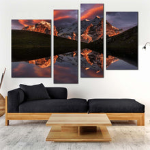 Load image into Gallery viewer, Mountain Landscape Canvas Wall Art Green Landscape Sunset Sky 4 Piece Canvas Print Brown Mountain River Reflection Multiple Canvas
