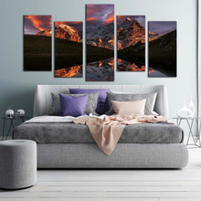 Load image into Gallery viewer, Mountain Landscape Canvas Wall Art Green Landscape Sunset Sky 5 Piece Canvas Print Brown Mountain River Reflection Multiple Canvas For Bedroom
