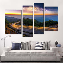 Load image into Gallery viewer, Mountain Landscape Canvas Wall Art Yellow Sunset Light Trail 4 Piece Multi Canvas Artwork Blue Mountains Scenery Canvas Print
