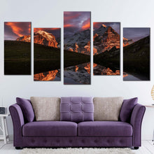 Load image into Gallery viewer, Mountain Reflection Canvas Wall Art Green Landscape Canvas Print Cloudy Sunset Mountain River 5 Piece Multi Canvas Artwork In Living room
