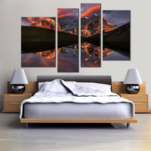 Load image into Gallery viewer, Mountain River Canvas Wall Art Cloudy Sunset Brown Mountain Reflection Multi Canvas Artwork Green Landscape 4 Piece Canvas Print
