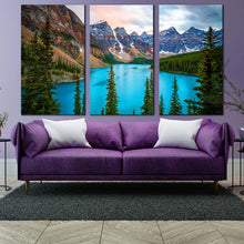 Load image into Gallery viewer, Mountain Scenery Canvas Wall Art Canada Blue Moraine Lake 3 Piece Canvas Print Green Banff National Park Multiple Canvas In Living room
