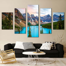 Load image into Gallery viewer, Mountain Scenery Canvas WallArt  Canada Blue Moraine Lake 5 Piece Canvas Print  Green Banff National Park Multiple Canvas in Living Room
