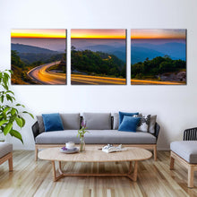 Load image into Gallery viewer, Mountain Scenery Canvas Wall Art Yellow Light Trail Landscape Multi Canvas Starry Sky Blue Mountains 3 Piece Canvas Print In Living Room
